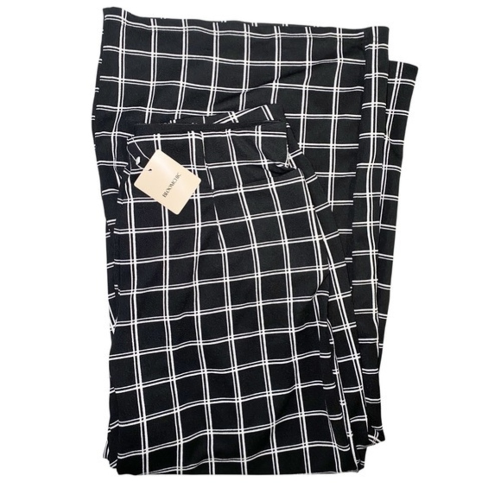 Bloomchic Black & White Plaid Pattern Stretchy Waist Wide-Leg Pants